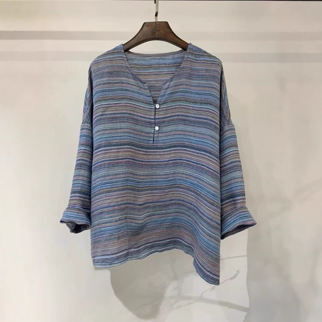 Dame Let stribet Linnedbluse Stilla