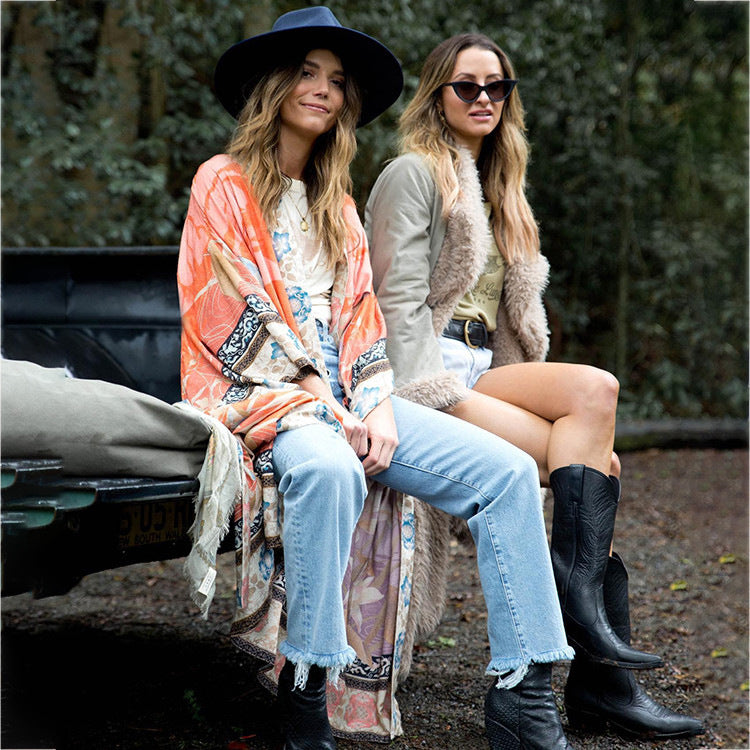 Dame Boho-stil strandtunica med blomstermønster og elegant snit Stilla