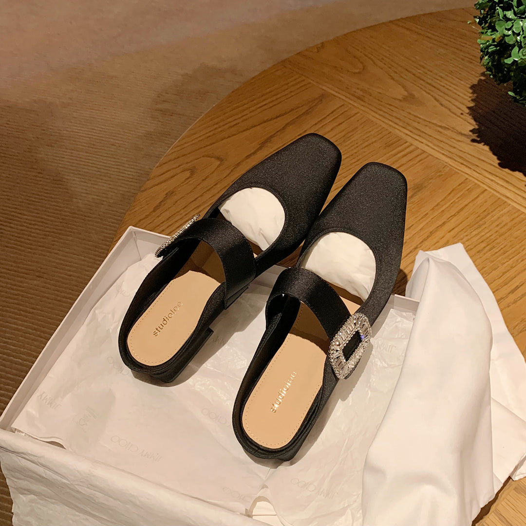 Dame Elegante Quadratåede Slingback Ballerinaer med Rhinestones Spænde Stilla