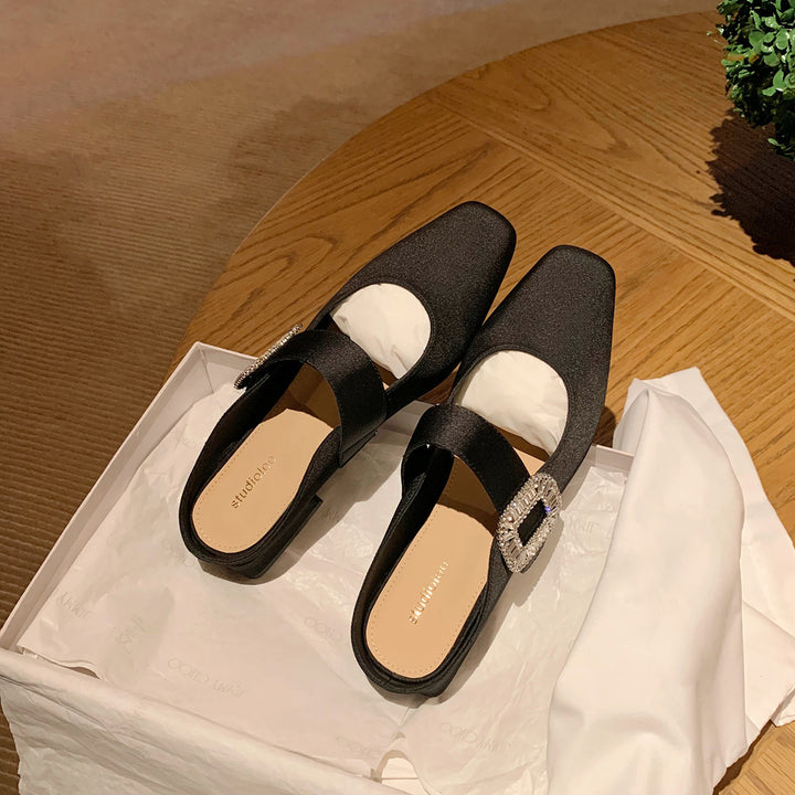 Dame Elegante Quadratåede Slingback Ballerinaer med Rhinestones Spænde Stilla
