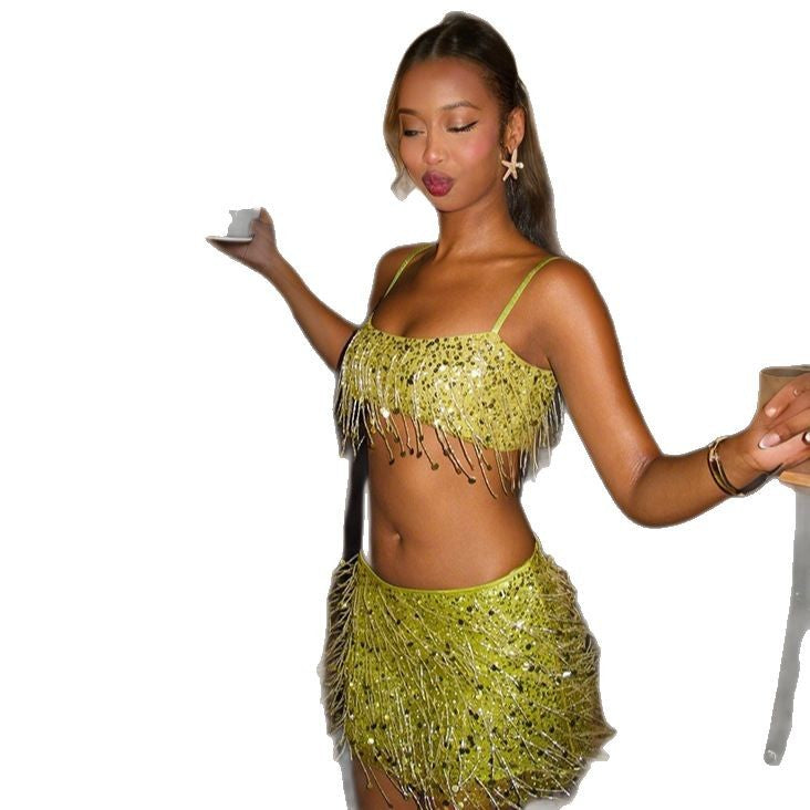 Dame Glitrende Crop-Top og Mini Skirt Sæt med Frynser Skovae