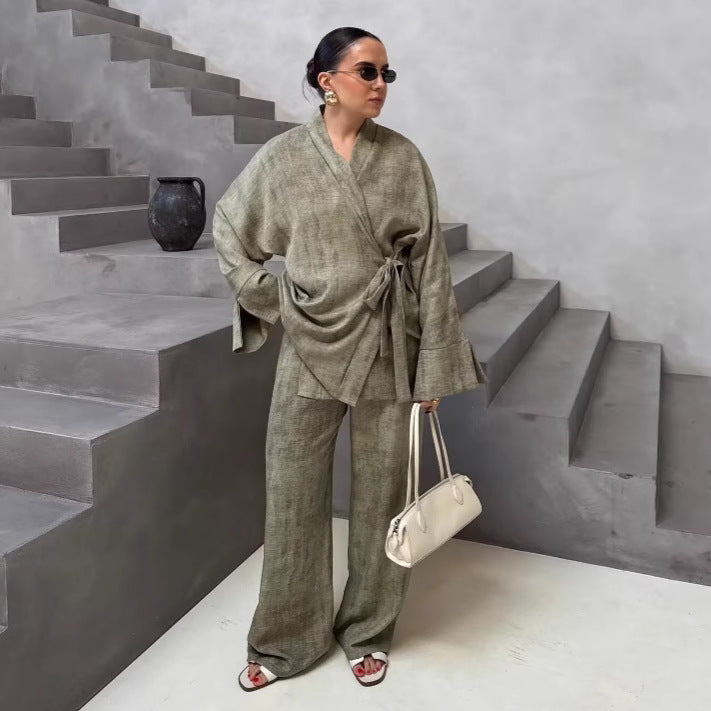 Femme Elegante Wrap Blouse og Wide Pants Sæt Stilla