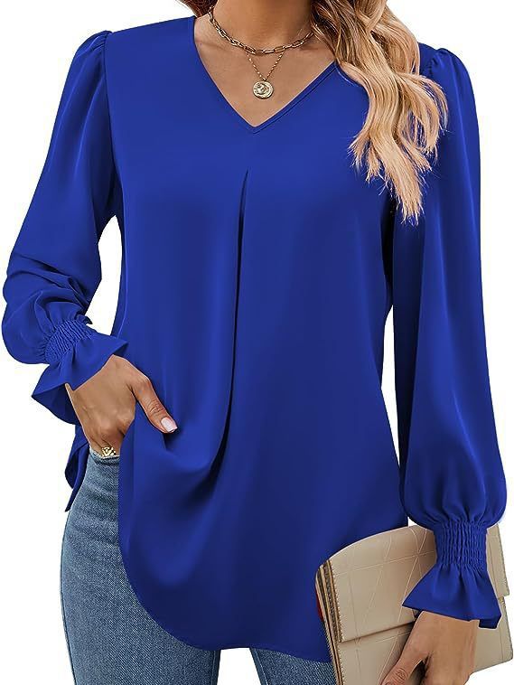 Dame elegant bluse med V-udskæring og voluminøse ærmer Stilla