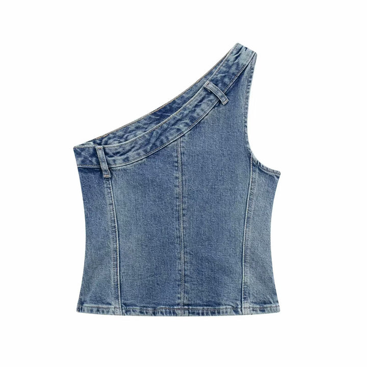 Femme Asymmetrisk Denim Crop Top Stilla