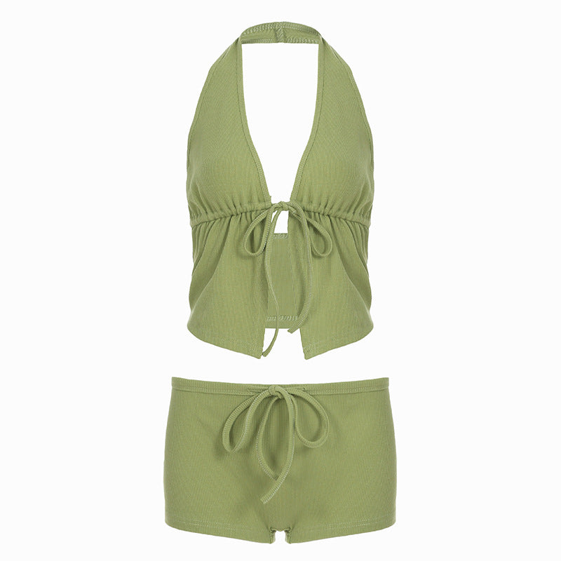 Damen elegantes Halter-Top mit herausragender Raffung und kurzen Shorts Skovae