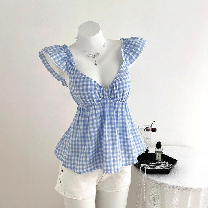 Dame luftig V-hals bluse med ruffles detaljer Skovae