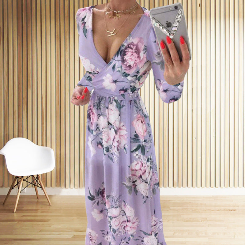 Damer blomst design maxikjole med dyb slids og elegant indpakningslook Stilla