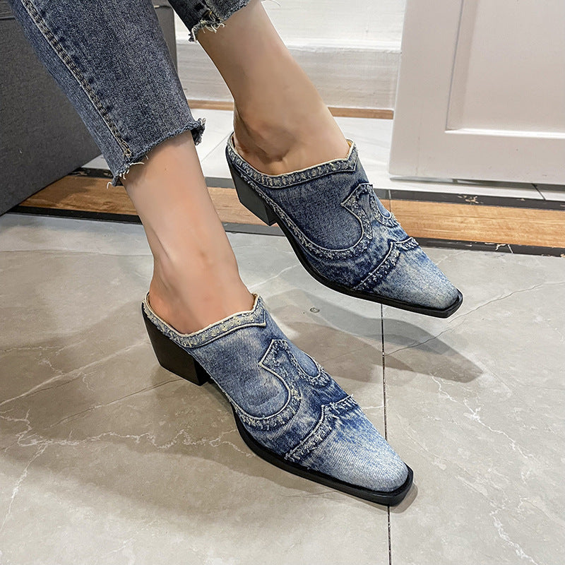 Dame Denim Mules med stiliseret snit og komfortabel blokhælhæl Stilla
