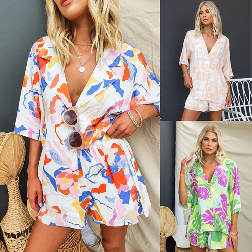 Dame afslappet top og shorts sæt med tropisk print Stiila