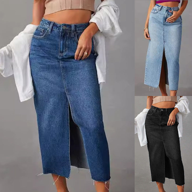 Dame Casual Denim Nederdel med sidelisk og frynset kant Stilla