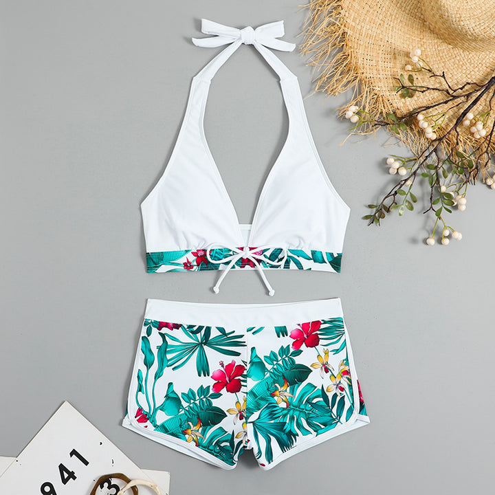 Dame bikini sæt med blomster mønster og aftagelig push-up BH Skovae