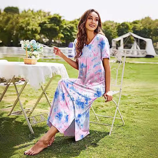 Dame natkjole i moderne Tie-Dye design med sidelommer Stilla