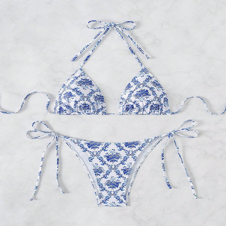 Dame triangel-bikini med justerbare bånd og blomsterdesign Skovae