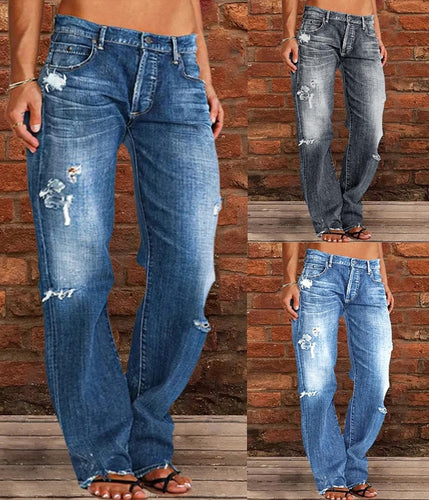 Dame fritidsjeans i afslappet boyfriend-stil med specialle ripped-detaljer og behagelig pasform Stilla