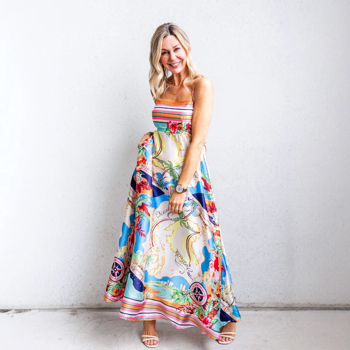 Dame Maxi-kjole med livligt multicolor-print og smalle stropper Stilla