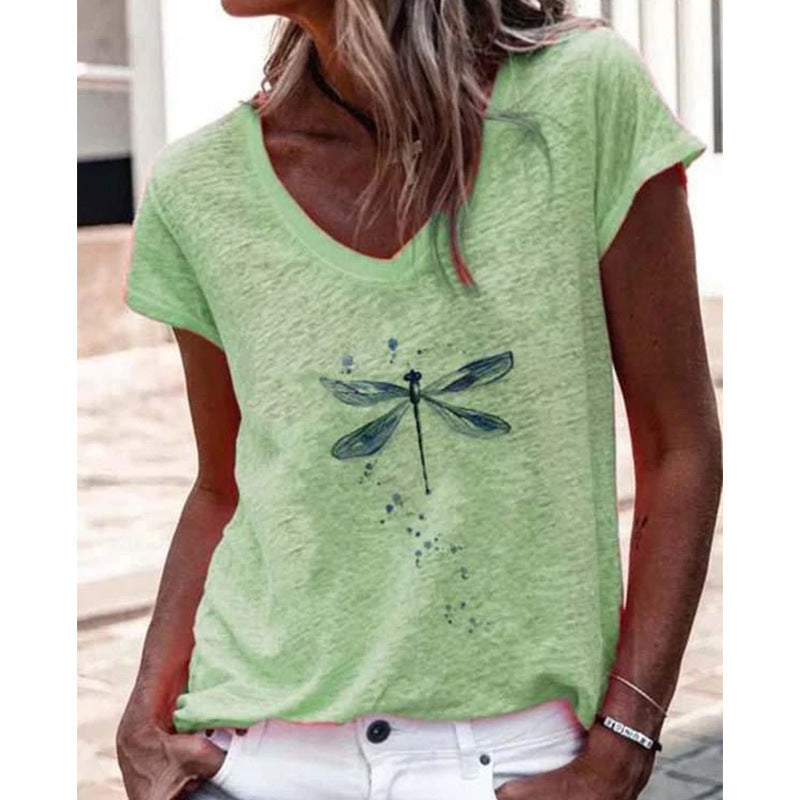Dame Libelle Grafik V-Udsnit T-Shirt Stilla