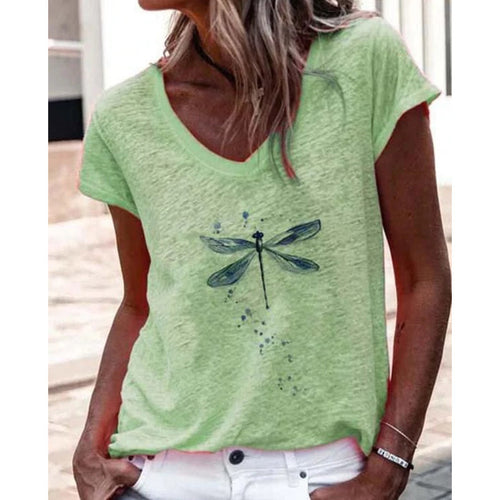 Dame Libelle Grafik V-Udsnit T-Shirt Stilla