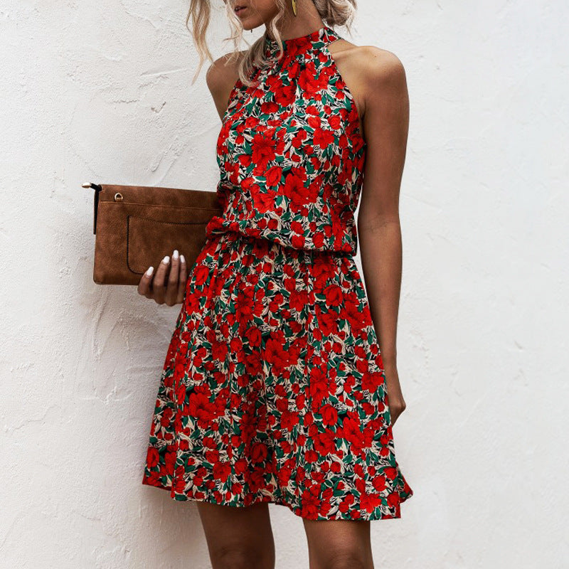 Dame Halter Neck Floral Mini Kjole med rynket Talje Stilla