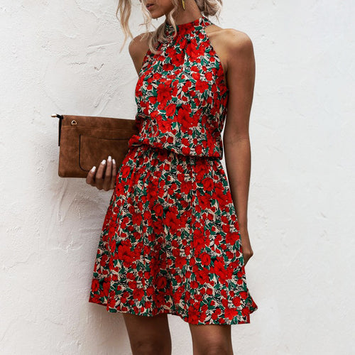 Dame Halter Neck Floral Mini Kjole med rynket Talje Stilla