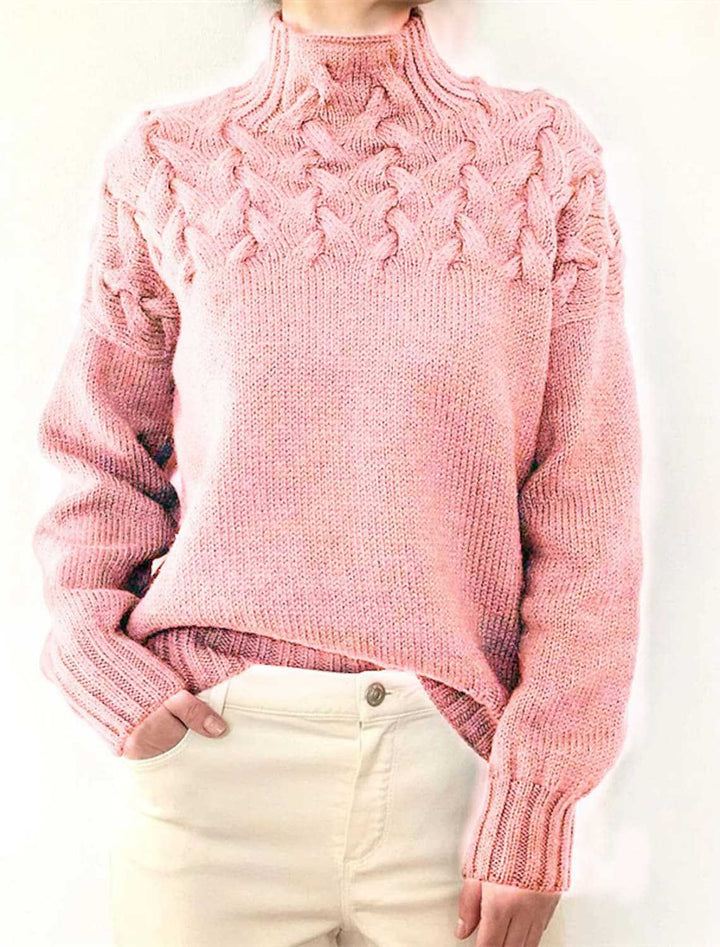 Dame grovstrikket pullover med ståkrave og fletmønster Stilla