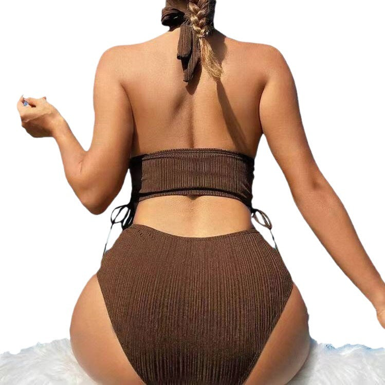 Dame højtaljet ribbet halterneck bikini sæt Stilla