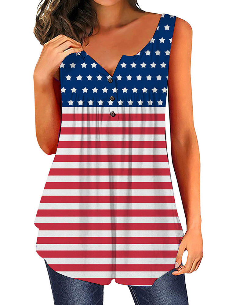 Dame afslappet bluse med knapliste og flagmotiv Stilla