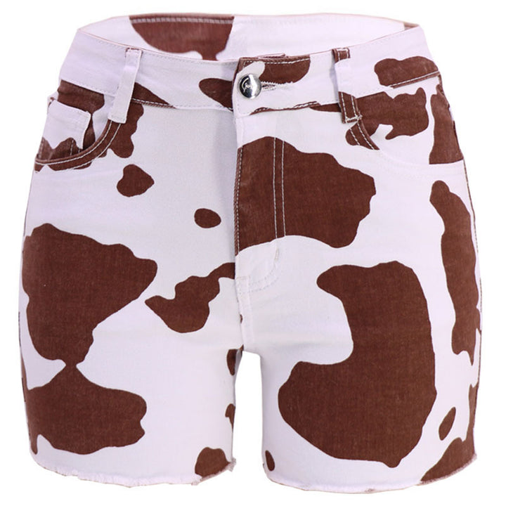 Damer fashionable jeans-shorts med spændende kuhprint og frynse kant Stilla