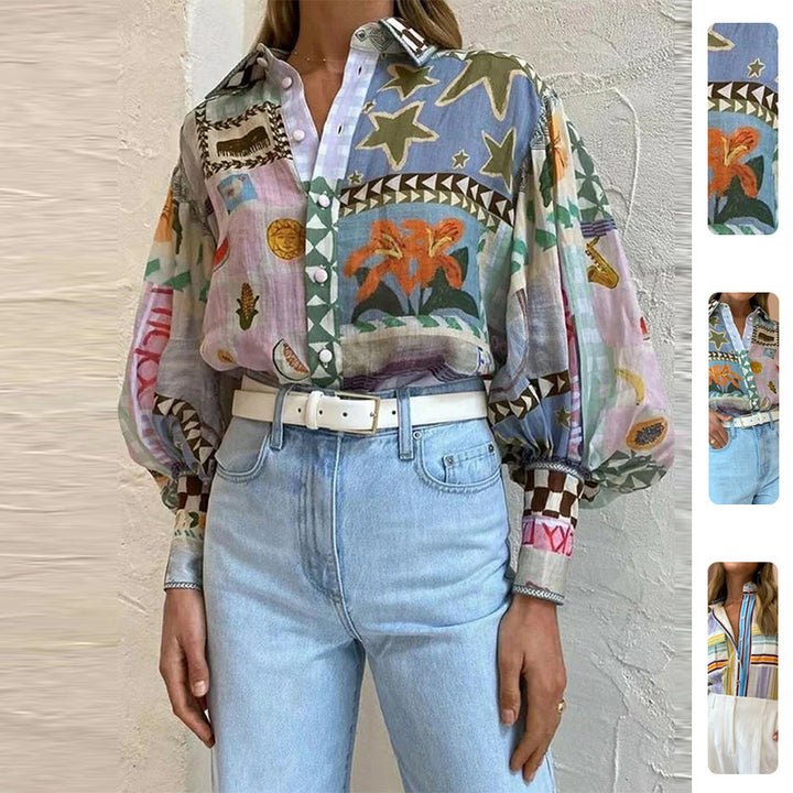 Kvinders afslappede bluse med elegante puffærmer og stribede mønstre Stilla