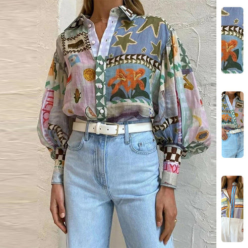 Kvinders afslappede bluse med elegante puffærmer og stribede mønstre Stilla