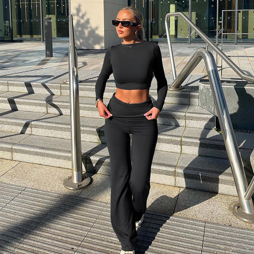 Dame Sporty Langærmet Crop-Top og tætsiddende Flared-Bukser Sæt Skovae