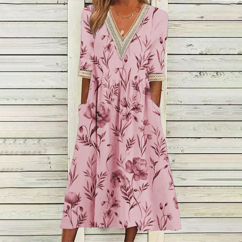 Stilla | Elegant Print V-hals Blonde Tre-vendt kvart Ærme Kjole