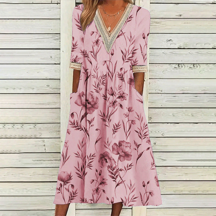 Stilla | Elegant Print V-hals Blonde Tre-vendt kvart Ærme Kjole