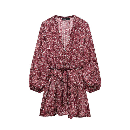Dame Floral Print V-hals Kjole med Gummibånd Talje Stilla