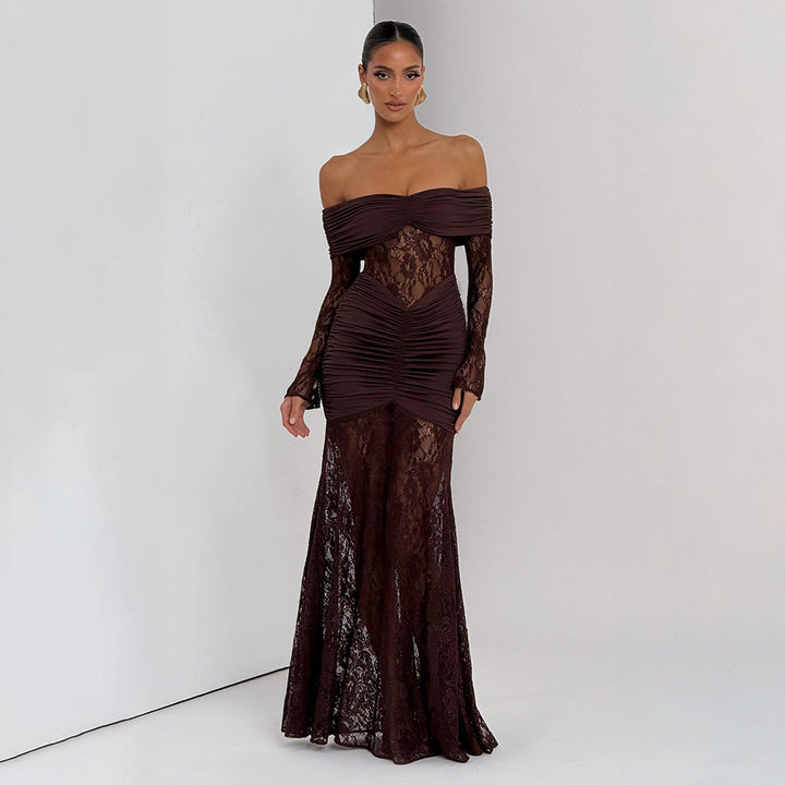 Dame elegant spidse kjole med off-shoulder udskæring og rynker Skovae