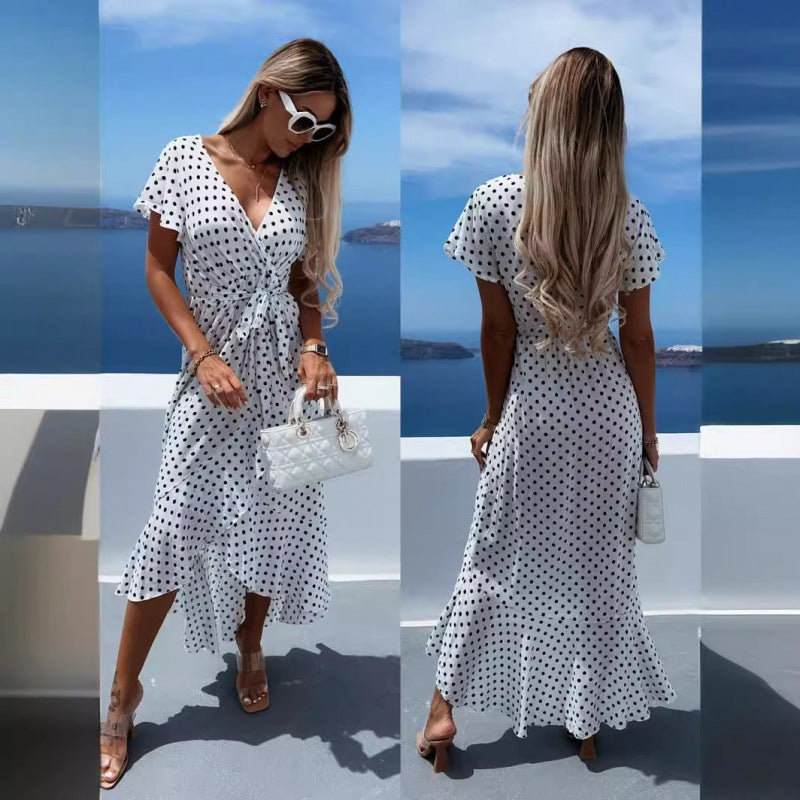 Dame Polka Dot Wrapping-Midi-Kjole med Bindebælte Stilla