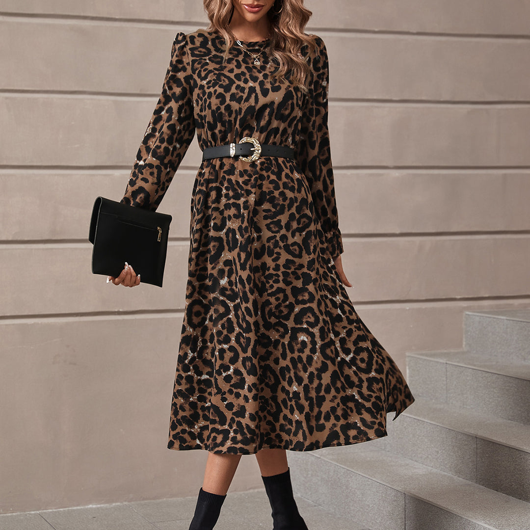 Kvinders elegante maxi kjole med moderne leopard mønster og nostalgiske puffærmer Stilla