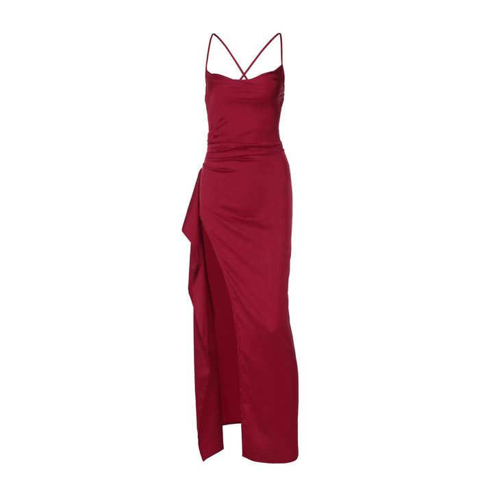Dame Elegant Satin-maxikjole med forførende snit Skovae