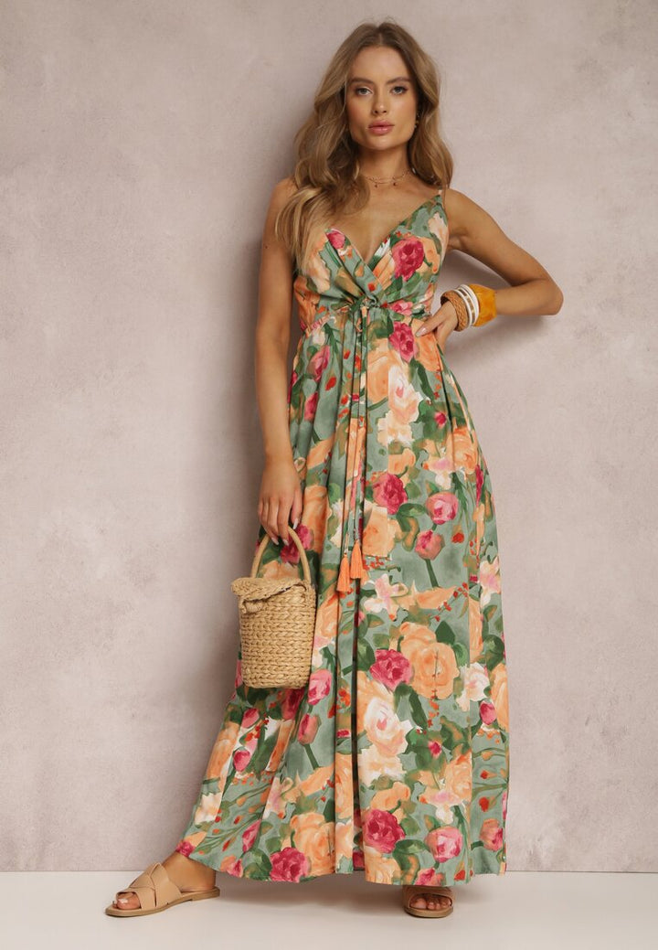 Dame maxikjole med elegant floral draperingseffekt og smalle stropper Stilla
