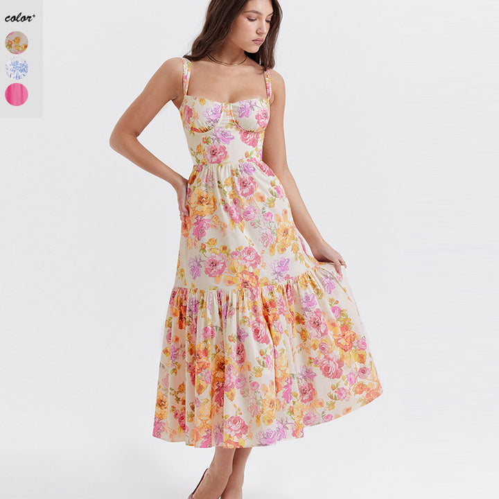 Dame Boho Maxikjole med romantisk blomsterprint og voluminøs skørt Stilla