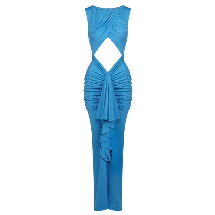 Dame figursmigrende aftenkjole med raffineret cut-out og drapering Skovae