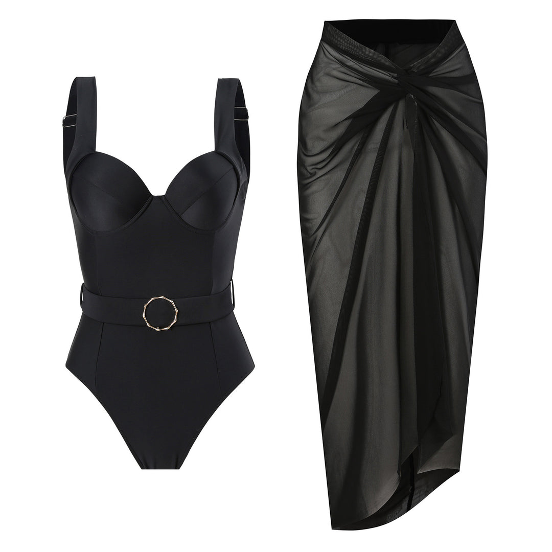 Dame badedragt med taljeformende bælte og elegant chiffon-nederdel Stilla