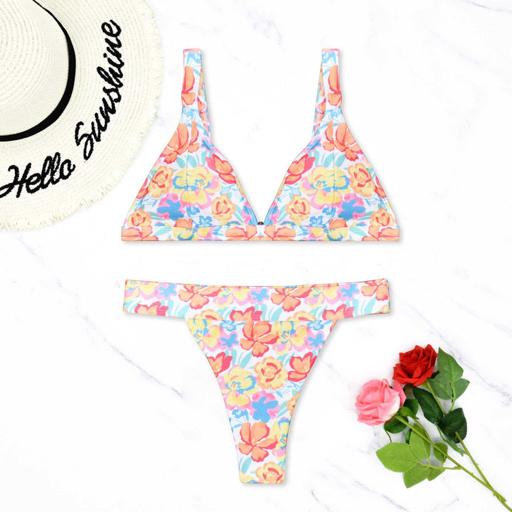 Dame trekant-bikini med blomsterprint og justerbare stropper Skovae