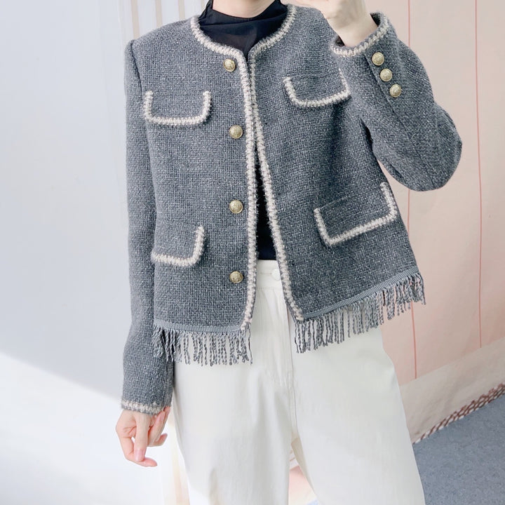 Damer Elegant Jacquard-Jakke med Frynser og Lommer Stilla