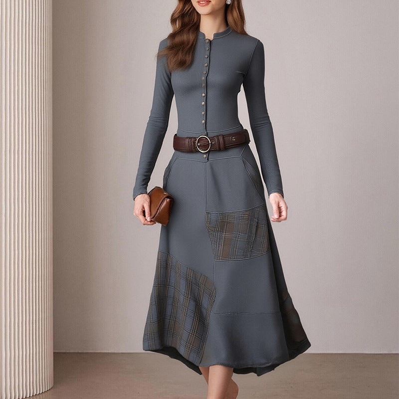 Damer Elegant Midi Kjole med Knap-åbning og Kontrast Detaljer Stilla