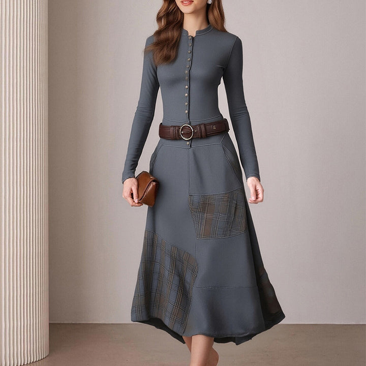 Damer Elegant Midi Kjole med Knap-åbning og Kontrast Detaljer Stilla