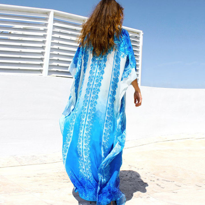 Dame Maxi-Kaftan med kunstnerisk blomsterdesign og elegant V-udskæring Stilla