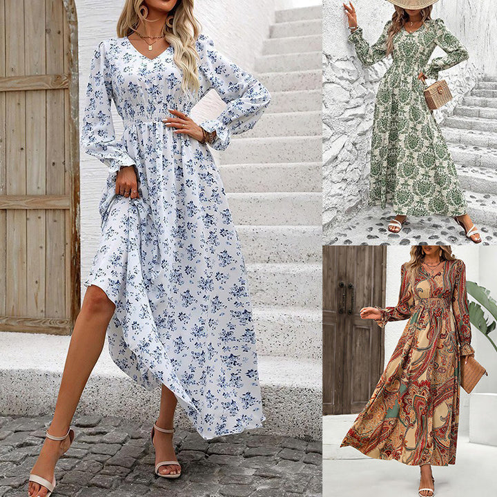 Dame maxikjole med florale mønstre og nostalgisk V-hals Stilla