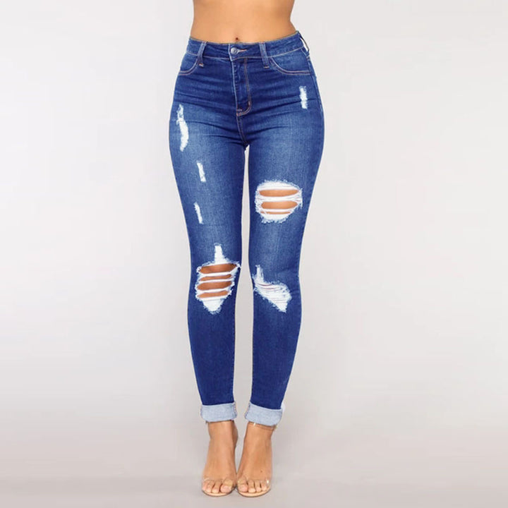 Dame figurtilpassede jeans med moderne destroyed-look og høj talje Stilla