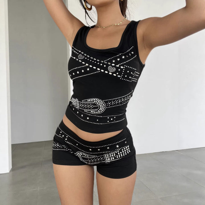 Dame ærmeløs top med strålende rhinestone-design Skovae