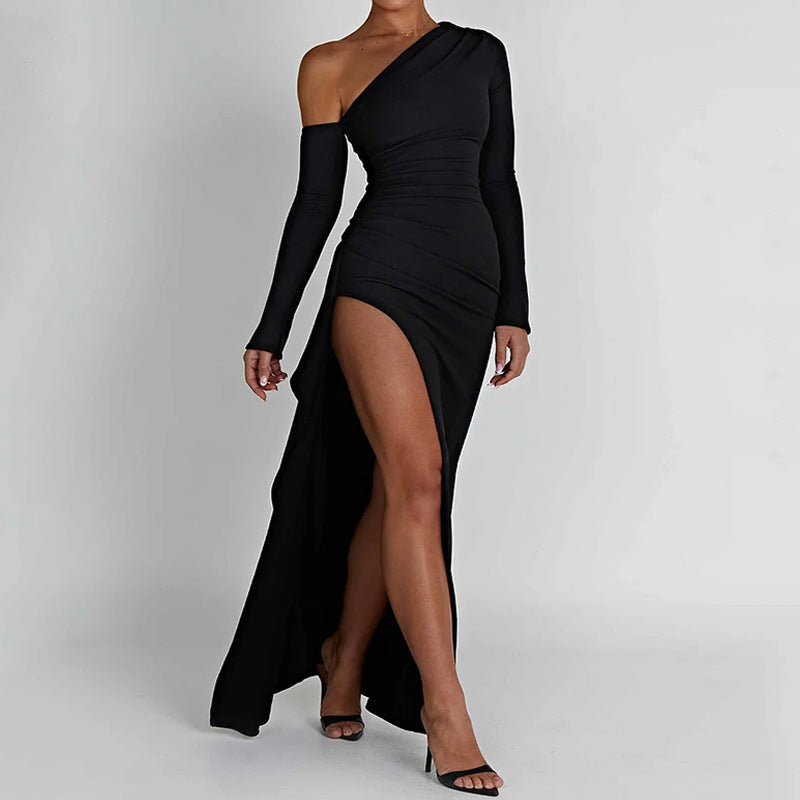 Dame Elegant One-Shoulder Maxi Kjole med Glitrende Stof og Tætsiddende Snit Skovae